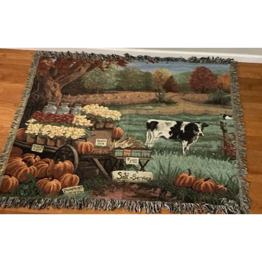 VTG Linda Picken "Self-Service" Fall Farm Tapestry Throw Woven Blanket 61" X 46"